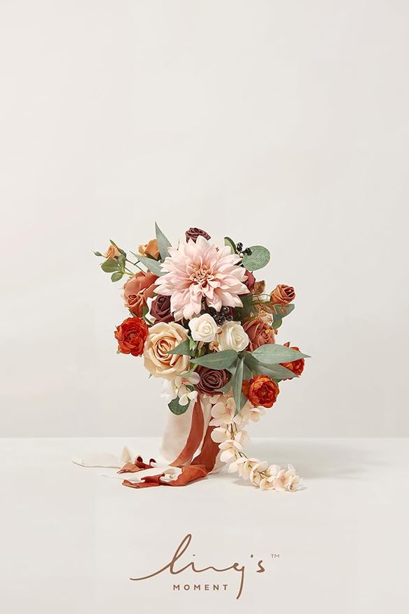 Ling's moment Wedding Artificial Flowers Package, Bridal Bouquet, Bridesmaid Bouquets, Boutonniere for Men, Rose Petals.Terracotta Orange