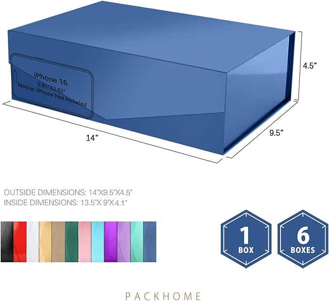 PACKHOME Large Gift Box with Lid 13.5x9x4.1 Inches, Sturdy Collapsible Gift Box with Magnetic Closure (Glossy Navy)