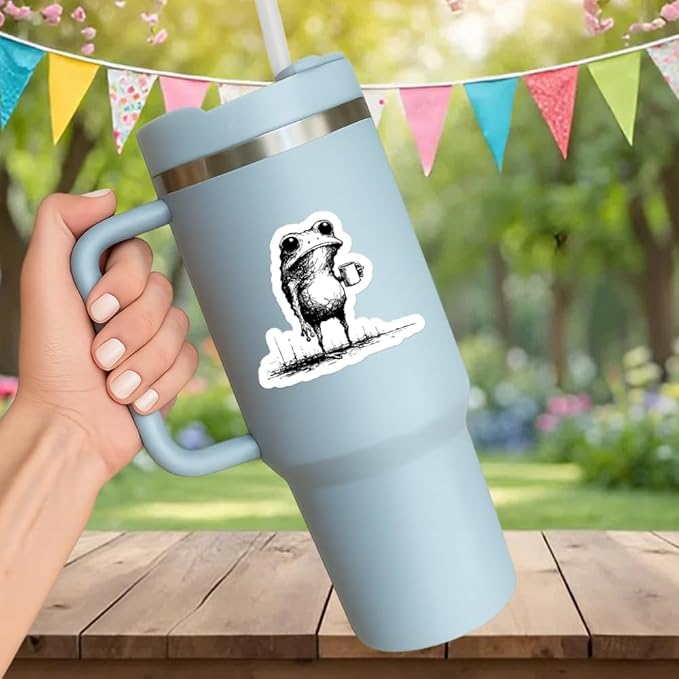 HANDICHI Design 5-Pack 5 Inch Funny Coffee Frog Stickers – Grunge Meme Vinyl Decals – Tired Frog Holding Coffee Cup Aesthetic Sticker Pack for Laptops, Water Bottles, Journals, and Scrapbooks