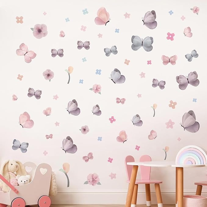 Watercolor Butterfly and Flower Wall Decals Peel and Stick - 70 PCS Flower Butterfly Wall Decor for Girls Room, Nursery, Kids Bedroom, Home Art Decals