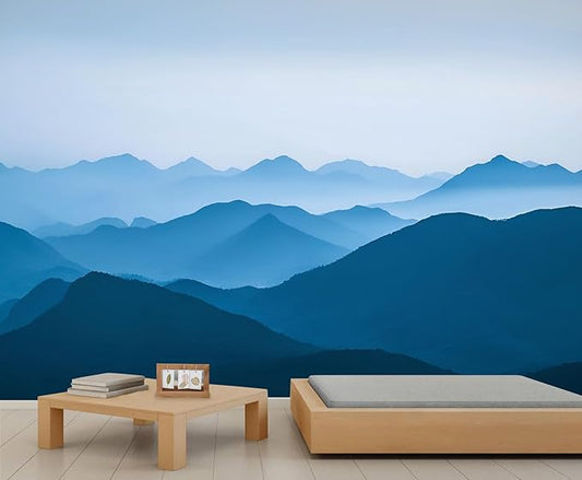 Minimalist Blues Mountain Wall Mural, Misty Layered Hills 3D Wall Murals, Serene Misty Mountains Wallpaper Mural, for Living Room Bedroom Large Wallpaper Indoor Decor 78.7" W x55.1 H