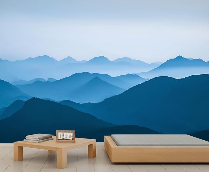 Minimalist Blues Mountain Wall Mural, Misty Layered Hills 3D Wall Murals, Serene Misty Mountains Wallpaper Mural, for Living Room Bedroom Large Wallpaper Indoor Decor 98.4" W x68.9 H