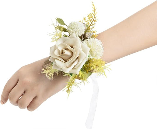 Ling's moment 6pcs Wedding Wrist Corsage Artificial Flowers, Girl/Mother Homecoming Prom Corsages Wristlet Décor, etc. Emerald Green Beige
