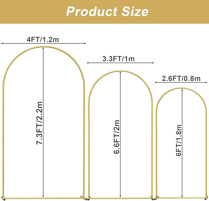 Wedding Arch Backdrop Stand Set of 3(7.3FT/6.6FT/6FT),Metal Balloon Arch for Wedding Ceremony Baby Shower, Outdoor Indoor Birthday Party,Garden Floral Arch Backdrop Stand Decoration, Gold