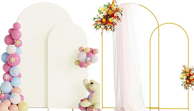 Putros Metal Arch Stand with Cover Set of 2 Ivory Spandex Fitted Wedding Arch Cover and Round Top Chiara Backdrop Stand for Birthday Party Baby Shower Decoration 7.2FT, 6FT