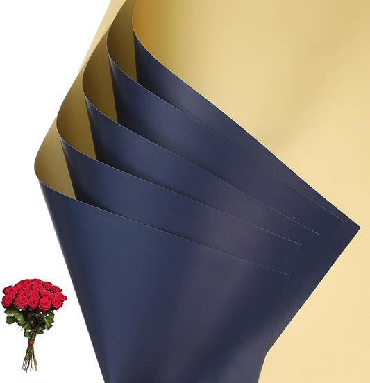 PATIKIL Flower Gift Wrapping Paper, 20 Sheets Double Sided Golden Waterproof Bouquet Paper Wrap Florist Supplies Packaging Floral Papers for Wedding DIY Craft Valentine, Blue/Gold