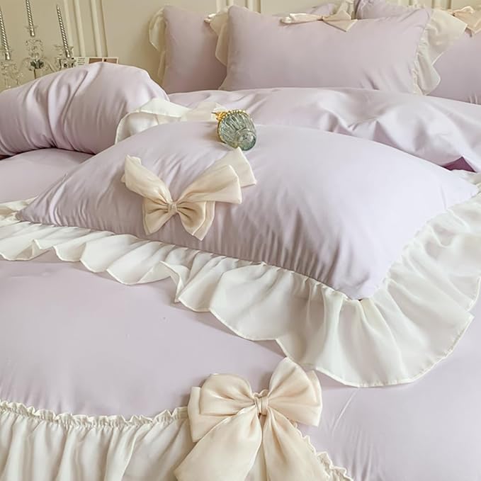 Girls Lace Bedding,Purple Queen Comforter Cover Set, Chic Ruffled Duvet Cover with Lovely Bow,Princess Style 1 Duvet Cover with 2 Pillowcases, No Comforter,Purple,Queen Size