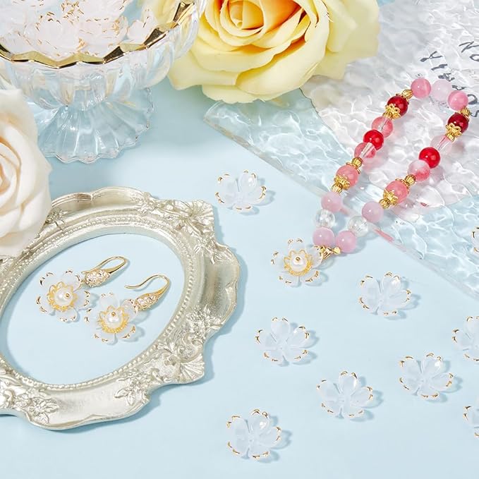 SUNNYCLUE 1 Box 200pcs White Flower Beads Acrylic Bead Caps Plastic Floral Sakuras 5-Petal Gold Plated Loose Spacer Bead for Jewelry Making Women Adult Bracelets DIY Wedding Crafts Accessories