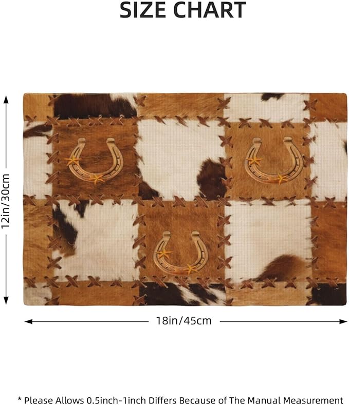 Vintage Cowhide Animal Placemats, Old West Country Cow Animal Fur Patchwork Abstract Horseshoe Print Washable Fabric Placemats Table Kitchen Dining Party 12x18 Inch Set of 4