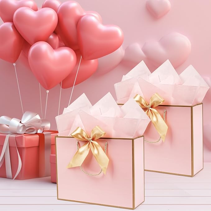 13” Pink Gift Bags, 2 PCS Light Pink Gift Bags with Handles Bow Ribbon, Large Gift Bag Set with Tissue Paper Greeting Card , Portable Paper Present Bag for Girls Women Birthday Wedding Baby Shower