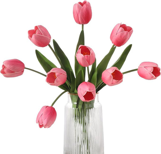 10PCS Artificial 18.5" Long Stem Pink Tulips Bouquet PU Flowers, Fake 6 Color Tulip Faux Flowers with Bendable Stems for Floral Table Wedding Home Decor