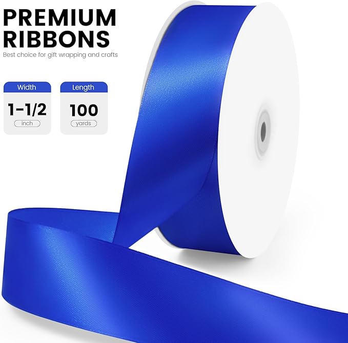 1-1/2" x 100 Yards Satin Ribbon - Wide Silk Royal Blue Ribbon with Spool - Ideal for Gift Wrapping, Floral Bouquets, Crafts, Wedding Party Decorations, Christmas and Sewing Projects