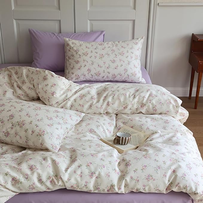 VM VOUGEMARKET Purple Blooming Comforter Set Full 3 Pcs Vintage Pink Flower Down Comforter with 2 Pillowcases All Season Soft & Lightweight Comforter Set for Girls Women 80"x90"
