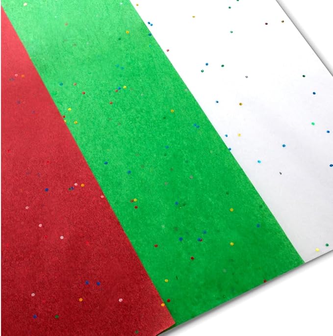Plum Designs Christmas Tissue Paper, 20x20 inches, Red Green White Glitter, 50 Sheets (100)