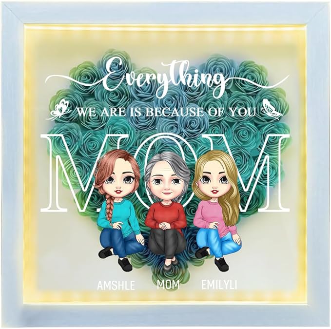 Personalized Mom Flower Shadow Box with LED Light Custom Heart Shaped Rose Flower Shadow Box Frame Everything We Are Is Because Of You Mother's Day Portrait Shadowbox Memory Gifts for Mom