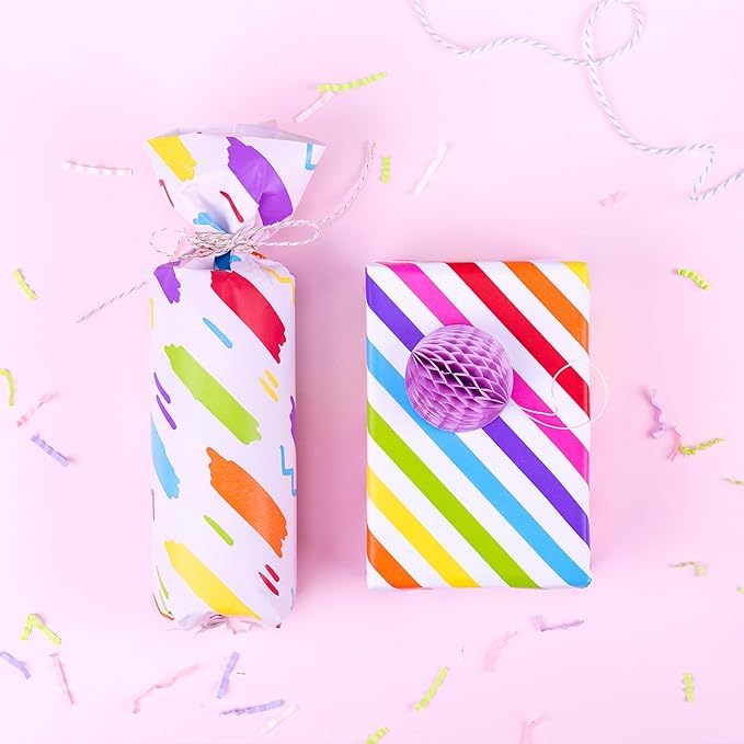 WRAPAHOLIC Birthday Wrapping Paper Sheet - 12 Sheets Rainbow Clouds and Birthday Celebratory Design Folded Flat for Party, Baby Showers - 19.7 Inch X 30 Inch Per Sheet