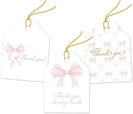 Pro Supply Global 24 Count of 2.5 Inch x 3 Inch Pre Strung Pink Bows Gift Tag Assorted Printed Designs on Large Cardstock Gift Hang Tags - Ideal to Use on Bags