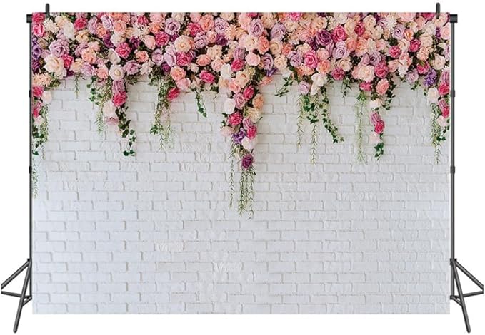 LTLYH 10x8ft White Brick Wall Flowers Background Spring Theme Photography Backdrop for Mother's Day Valentine Wedding Bridal Baby Shower Birthday Party Decor Banner Portrait Photo Booth Prop 134……