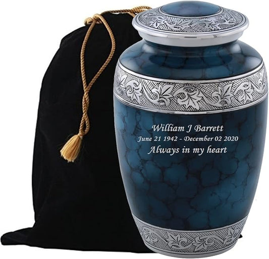 MEMORIALS 4U Custom Engraved Cremation Urn - Handcrafted Urn for Human Ashes - Affordable Urn for Ashes with Velvet Bag (Classic Cloud Blue)