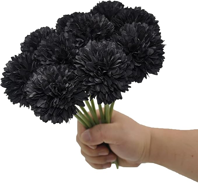 10Pcs Artificial Fake Flower Plants Silk Chrysanthemum Ball Hydrangea Arrangements Wedding Bouquets Decor Home Kitchen Garden Party Table Floral Centerpieces DIY (Black)