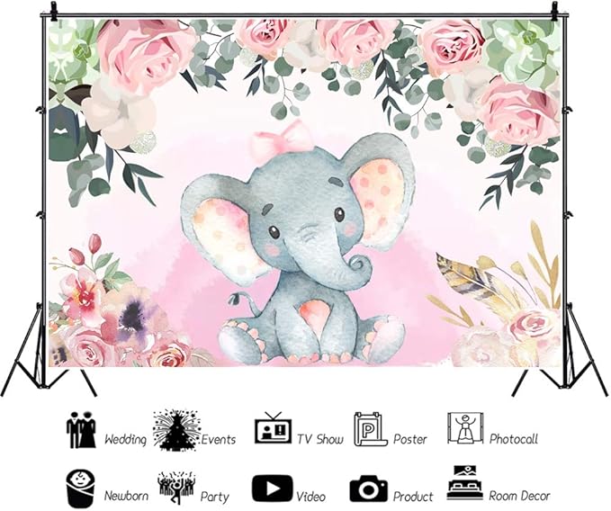 AOFOTO 5x3ft Pink Flowers Elephant Baby Shower Backdrop for Girl Sweet Floral Gender Reveal Background for Photography Kids Infant Birthday Party Banner Cake Table Decoration Photo Studio Props Vinyl
