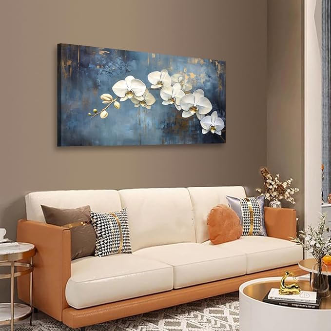 Abstract White Butterfly Orchid Canvas Wall Art for Living room Office Bedroom Flowers Wall Art Print Oil Paintings Modern Blue Gold Rain Mist Pictures Wall Decor Artwork Ready to Hang - 70in * 35inch