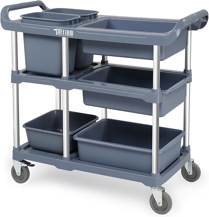 TUFFIOM 3-Tier Plastic Service Storage Utility Cart with Wheels, Heavy Duty Multi-Function Mobile Shelving Unit Organizer, Ideal for Restaurant, Foodservice, Office, Warehouse, Grey