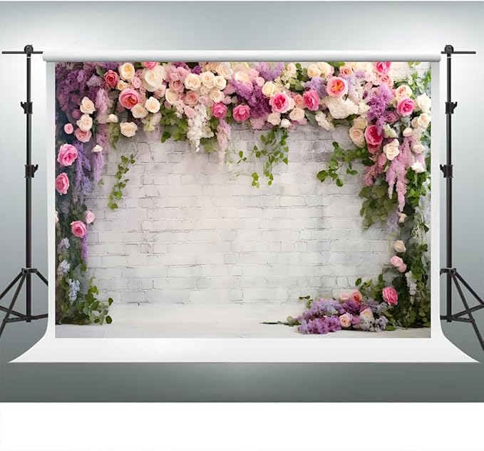 YongFoto Retro White Brick Wall Floral Arch Backdrop 9x6ft Rose Flowers Vine Leaves Photography Background Birthday Bridal Shower Wedding Party Banner Room Decor Portraits Photoshoot Wallpaper