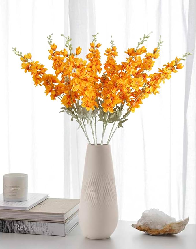 8pcs Delphinium Artificial Flowers 33.5in Long Stem Larkspur Fake Silk Flowers for Tall Vase Faux Flowers for Home Wedding Baby Shower Floral Arrangement Centerpiece Table Decorations (Orange)