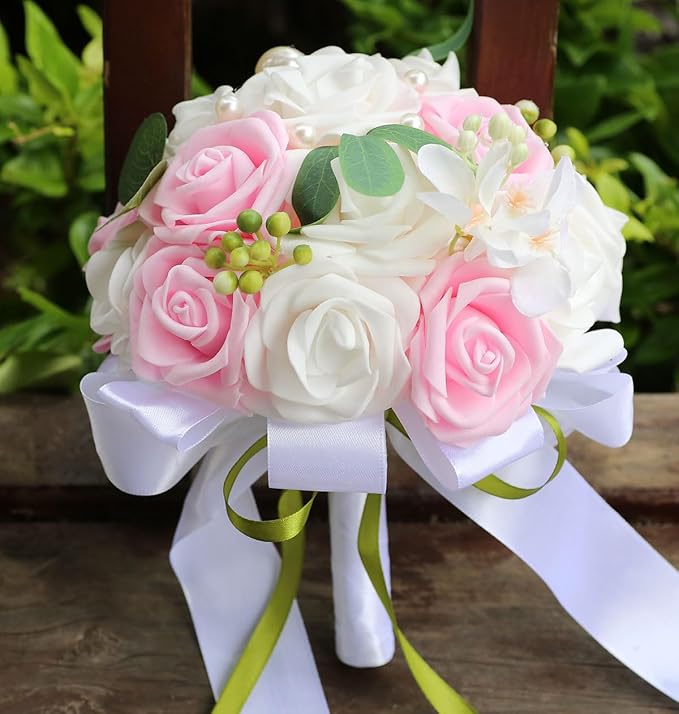Lightweight Bridal Wedding Bouquet Round Holding Bouquet Throw Toss Artificial Rose Flower Bunch for Bride Bridesmaid Wedding Quinceanera (White & Pink, 9.1")