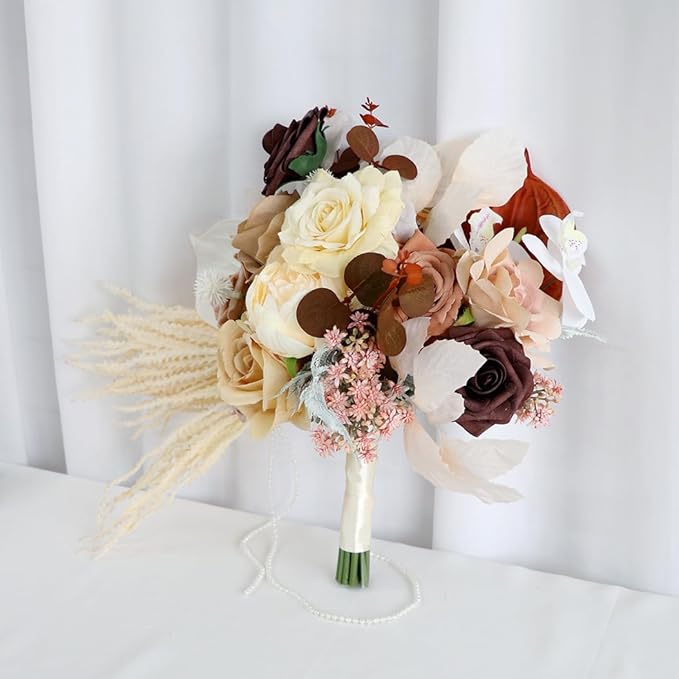 S_SSOY Wedding Bouquet Bride,Bride Bridal Bouquet Bridesmaid Artificial Flowers for Ceremony Anniversary Party Bridal Shower Decoration Wedding Bouquets (Caramel Champagne)
