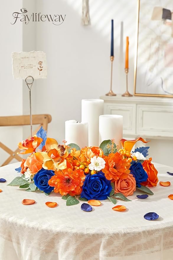 Faylifeway Artificial Flowers, Fall Orange and Red Silk Flowers for DIY Wedding Bridal Bouquets, Fall Fake Cake Flowers for Table Centerpieces Party Home Decorations