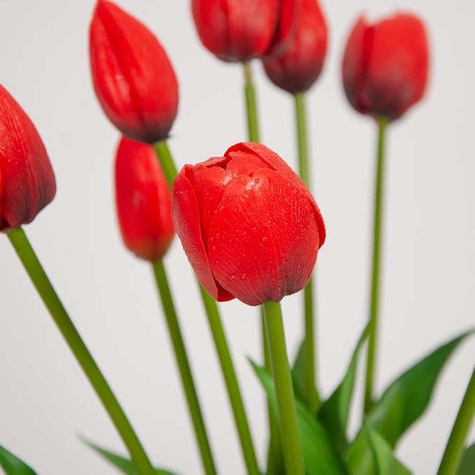 10 Pack Real Touch Tulips Artificial Flowers, 15.7 Inch Bendable Latex Tulips - No Maintenance Faux Flowers for Vase, Home Decor, Wedding Centerpiece (Red)