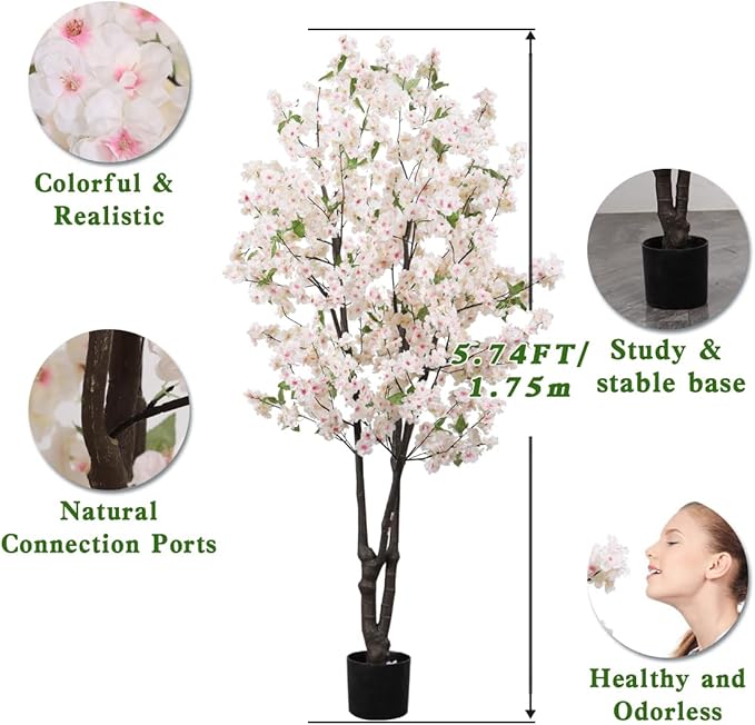 Faux Cherry Blossom Tree Fake Flower Tree, Artificial Cherry Blossom Tree Indoor for Home Office Decor 6 FT