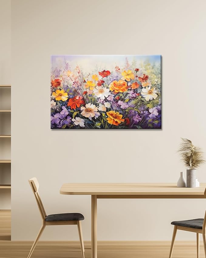 GLOKAKA Flowers Wall Art Colorful Landscape Lush Wildflowers Painting Print on Canvas Purple Yellow Floral Daisy Flower Picture for Home Bedroom Office Decor (Lush Flowers, 24"x16")