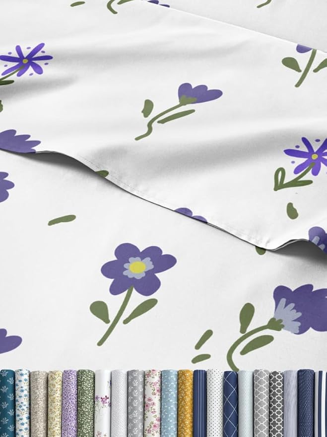 Floral Sheets - Purple Floral Bed Sheet Set - 1 Flat, 1 Fitted & 1 Pillowcase w/ Deep Pockets - Comfy, Wrinkle & Fade Free - Boho Botanical Bedding - Ultra-Soft, Breathable & Cooling - Twin Size Set