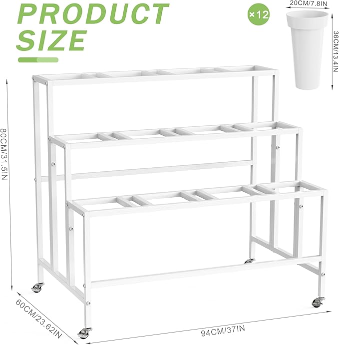 Flower Display Stand with 12 Buckets, Flower Cart White 3 Layers Metal Flowers Bar Stand with Wheels, Moving Florist Bouquet Shelf for Wedding Party Indoor Living Room Outdoor Patio Garden
