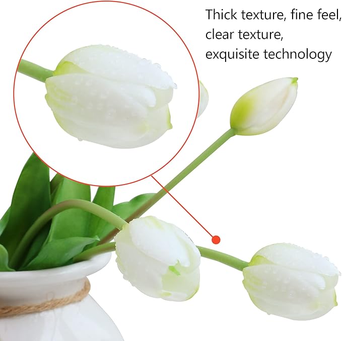 Artificial Flowers 20pcs Fake Tulips Real Touch, Faux Latex Tulips Flowers with Gift Box Soft Faux Tulips Bouquets Arrangements for Party Wedding Home Room Decoration(White)