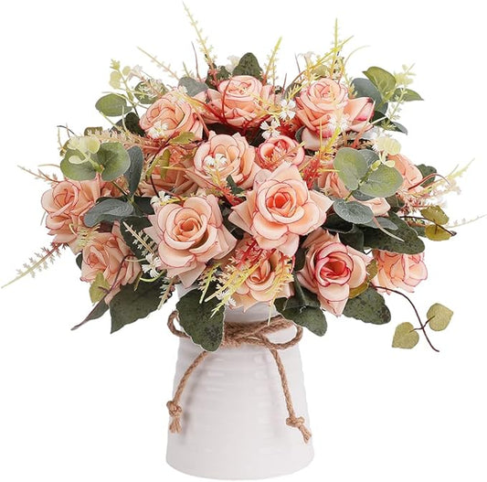 LESING Artificial Rose with Vase,Fake Silk Flowers Bouquets in Vase Table Centerpiece Arrangement for Kitchen Living Room (Pink-1)