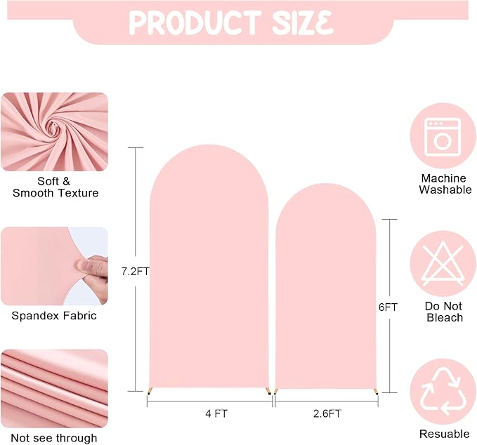 Dusty Rose Arch Backdrop Covers - 7.2FT, 6FT Spandex Fitted Wedding Arch Stand Covers Round Top Chiara Stretchy Arch Backdrop Cover for Wedding Birthday Party Decoration