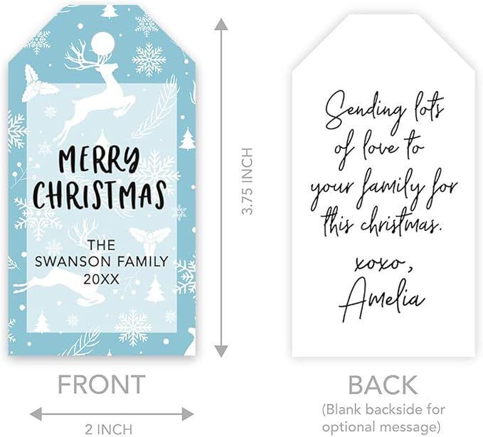 Andaz Press Personalized Christmas Holiday Season Classic Gift Tags, Merry Christmas Custom Family Name and Year, Reindeers and Snowflakes Design, for Holiday Events, Parties, and Favors, 60-Pack