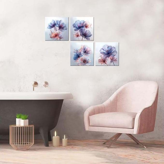 Pankila Canvas Flowers Wall Art Blooming Flowers Pictures Prints Blue Pink Flower Wall Decor for Living Room Bedroom Bathroom Home Decorations Painting Framed Artwork (12''W x 12''H x 4)