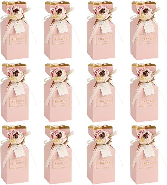 MAYJOYDIY 12 Pack 3D Flower Candy Boxes with Ribbons 2.24x2.24x5.51 Inch Pink Gift Favor Boxes Paper Candy Storage Containers for Wedding Shower Anniversary Birthday Party Celebration