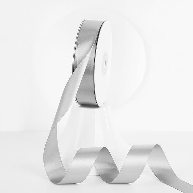 MEEDEE Silver Ribbon 1 Inch Silver Satin Ribbon Lux Double Faced Satin Ribbons by 50 Yards Polyester Wrapping Ribbons for Crafts, Weddings, Flower Bouquet, Holiday Decorating