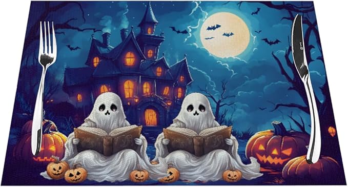 PVC Placemats Set of 1 Wipeable Table Mats Washable Heat Resistant Non Slip Vinyl Dining Table Mat for Kitchen Indoor Outdoor Patio Farmhouse Place Mats Halloween Pumpkin Ghosts Castle Decorative