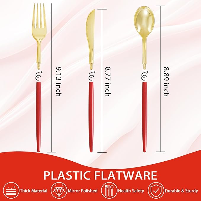 Supernal 102PCS Red Plastic Silverware, Gold Plastic Utensils with Red Handle, Gold Disposable Utensils Heavy Duty Includes 34 Forks, 34 Spoons and 34 Knives prefect for party, wedding & Mother's day