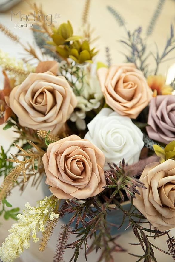 MACTING 30PCS Artificial Flower Roses Fake Flowers with Stem Foam Roses for DIY Wedding Bouquet Table Centerpieces Party Holiday Baby Shower Home Spring Valentines Day Decorations,Light Brown