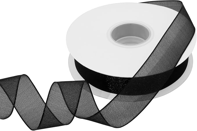 Sheer Organza Ribbon 1 Inch Chiffon Ribbons for Gift Wrapping, Flower Bouquet, 50 Yards/Roll (Black)