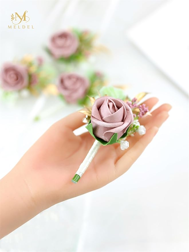 Meldel Dusty Rose Pink Boutonniere for Men Wedding, Set of 6, Groom Groomsman Boutonniere, Mens Boutonnieres for Wedding Prom Ceremony Anniversary Party Homecoming