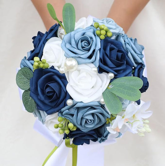 Lightweight Bridal Wedding Bouquet Round Holding Bouquet Throw Toss Artificial Rose Flower Bunch for Bride Bridesmaid Wedding Quinceanera (White & Shades of Blue, 9.1")